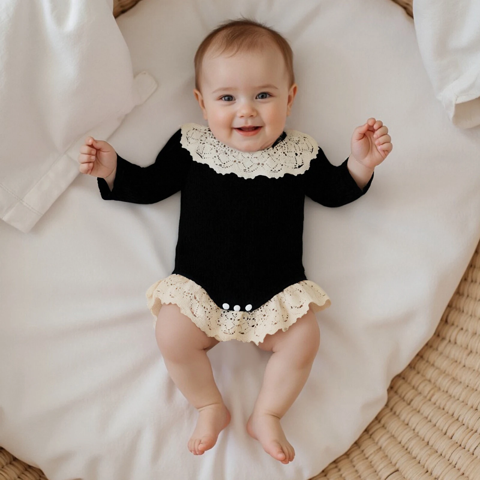 طفلة الخريف عارضة رومبير الرضع طويلة الأكمام جولة الرقبة الدانتيل تقليم حللا #3