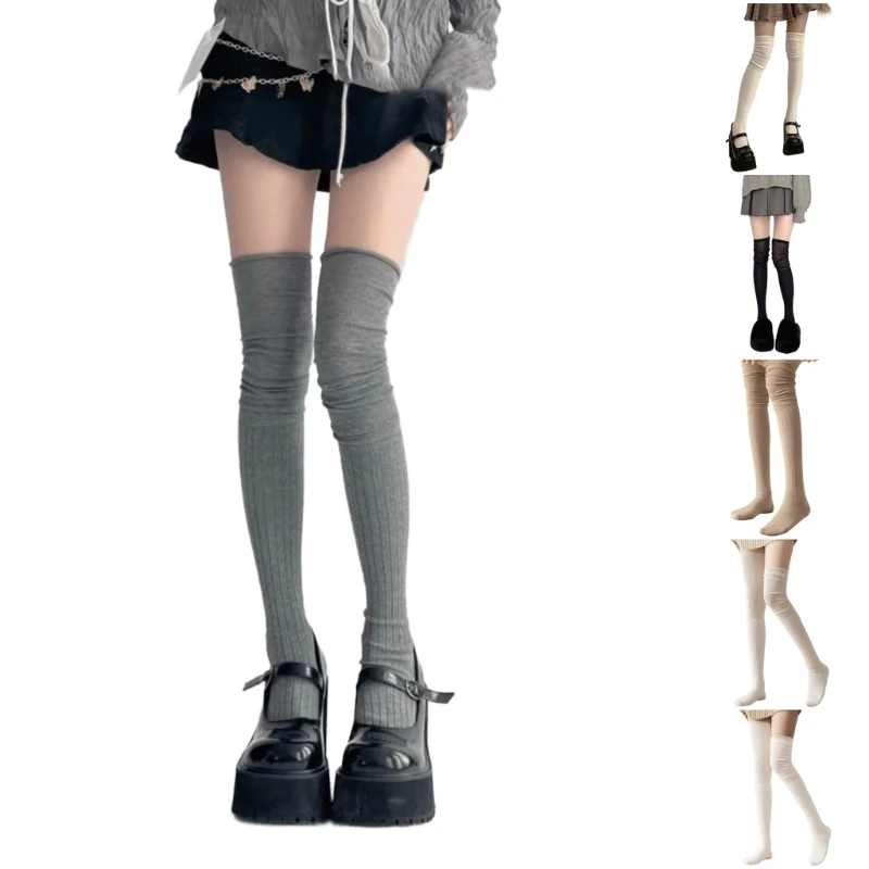 Women Student Over Knee Stockings Slouch Top Knitted Thigh High Long Boot Socks Dropshipping