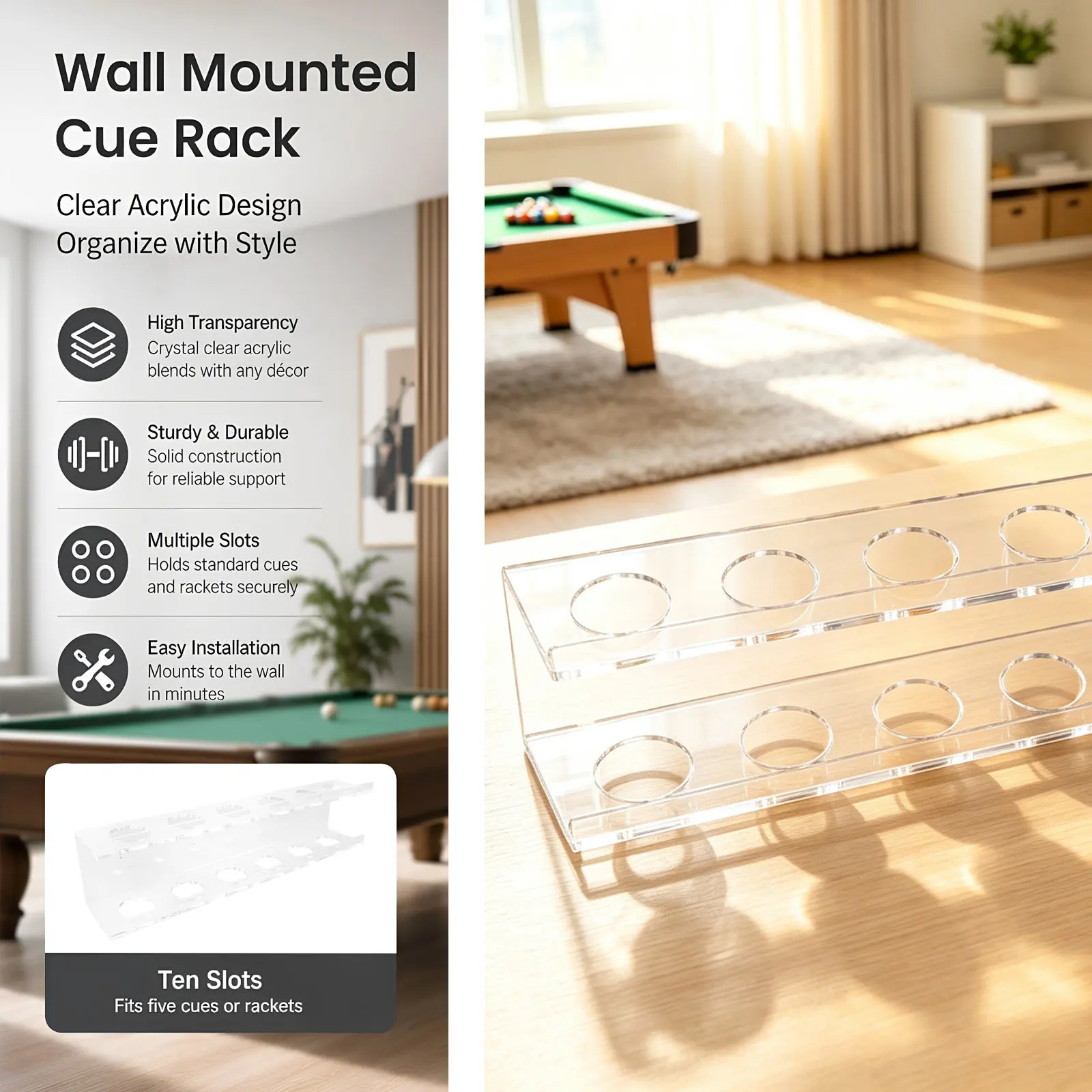 Acrylic Pool Cue Wall Rack Wall Mounted Billiard Ball Storage Organizer Pool Stick Holder Game Accessories Cue Display Holder