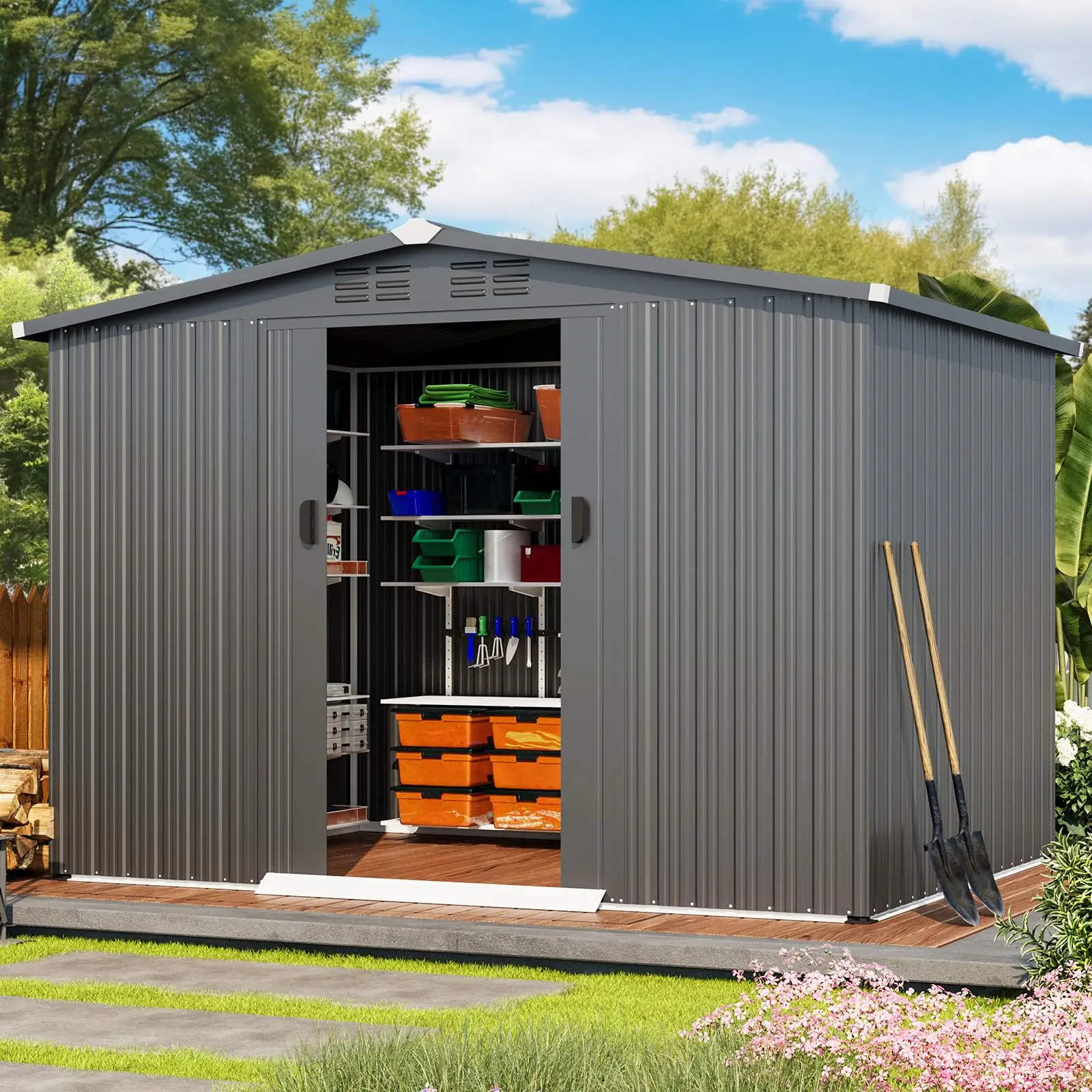 8x6 FT Galvanized Steel Outdoor Storage Shed, Small Metal Garden Tool Shed with Sloped Roof & Lockable Double Sliding view 2