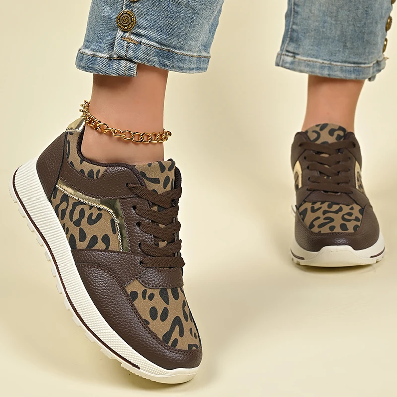 Women Platform Leopard Sneakers Casual Trend Outdoor Shoes Comfortable Lace Up Flat Sneaker Running Tennis Sport Shoes Female 41