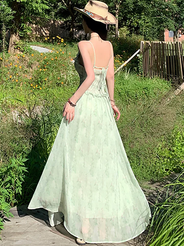 Frauen Grün Druck Chiffon Chic Rüschen Schlinge Sexy Lange Kleid 2025, Koreanische Mode, Figurbetontes Urlaub Kleid Frauen Elegante Casual Robe