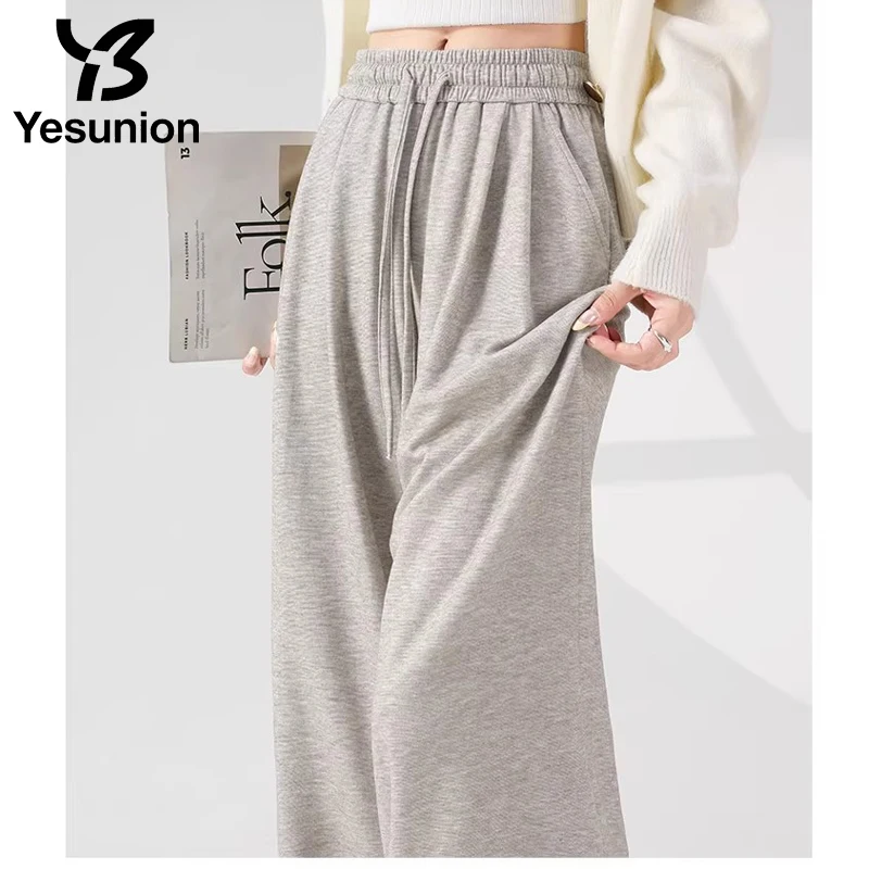 YESUNION رمادي بنطال ذو قصة أرجل واسعة الرباط المرأة عادية ربيع الخريف Sweatpants ملابس العمل واسعة الساق بنطلون رياضي Sweatpants