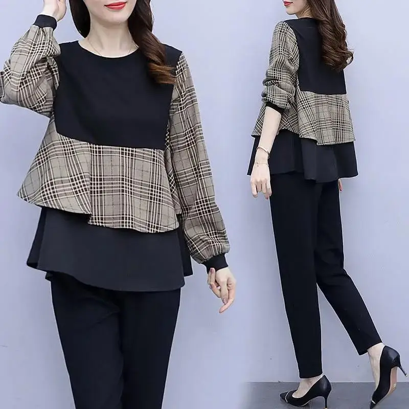 Fashion O-Neck Spliced Plaid Irregular Blouses Women\'s Clothing 2023 Autumn Winter Oversized Casual Tops Fake Two Pieces Shirts