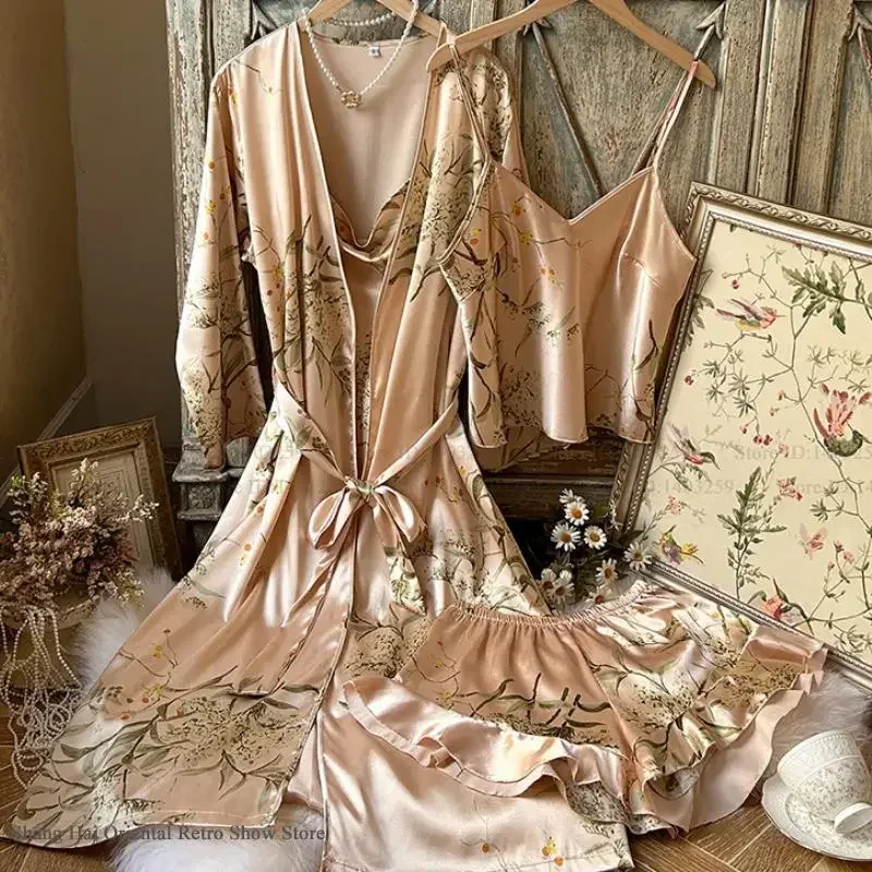 

Комплект халатов с принтом вишни, 4 шт., женские пижамы большого размера, шелковистая домашняя одежда, пижамный костюм, кимоно, банное платье, свободная одежда для сна, одежда для дома