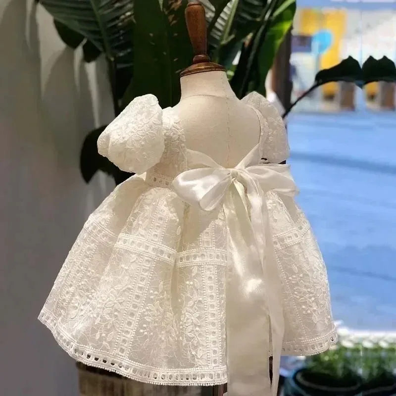 Baby Girl 1st Birthday Party Dress Puff Sleeve Toddler Girls Princess Dresses with Bow Kids Ball Growns White Wedding Dress