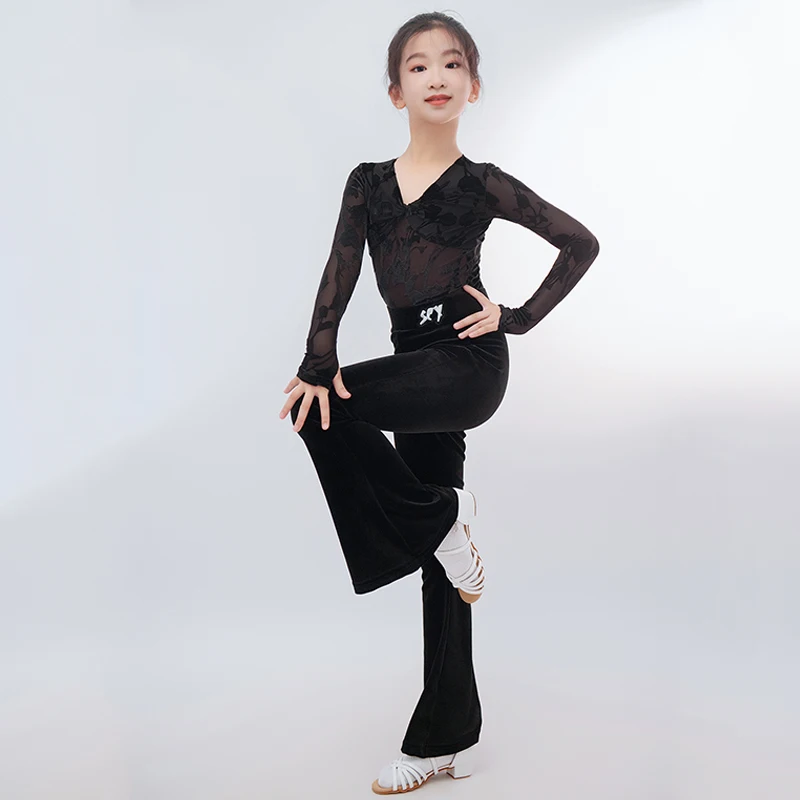 

Latin Dance Clothes For Girls Black Lace Tops Flared Pants Long Sleeves Practice Suit Cha Cha Ballroom Dance Clothing DNV19142