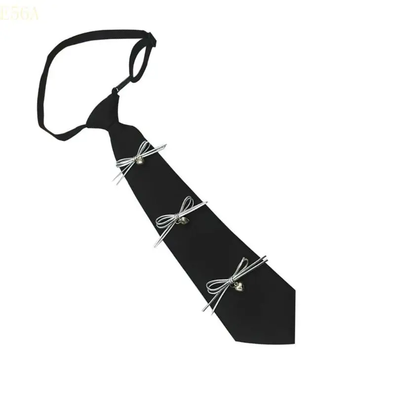 

E56A Pre Tied Necktie For Women School Students Sweet Bows Accent Black Long Neck Tie