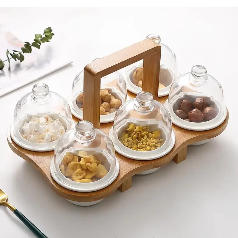 Japanese-style Ceramic Household Dried Fruit Snack Plate Bowl Compartment with Lid Platter Tableware
