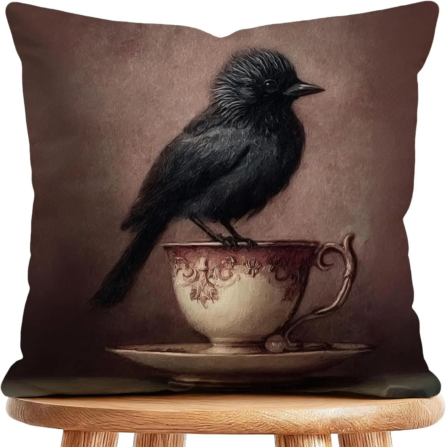 Elegant Crow on Teacup Pillowcase Throw Cushion Cover Victorian Gothic Dark Art Illustration Moody Cottage Core Decor for Bedroo