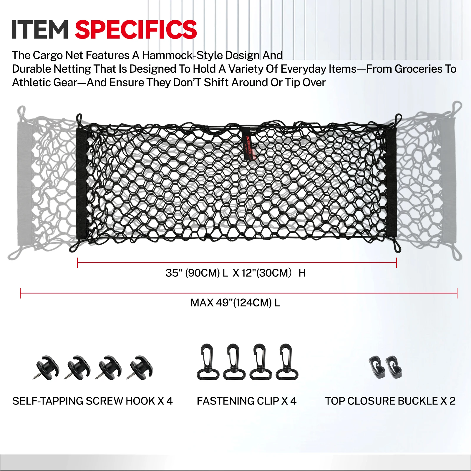 Dual-Layer Nylon Trunk Cargo Net Organizer w/ Hook Envelope Style Storage Mesh for Car SUV Truck (35''x12'')