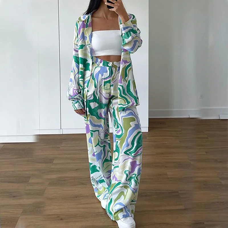

Spring Autumn Fashion Casual 2 Piece Suit 2025 Women's Loose Long Sleeve Print Buttons Shirt Top + Wide Leg Pants Two Piece Sets