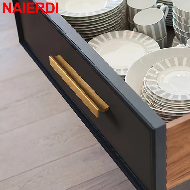 NAIERDI Luxury Brushed Gold Cabinet Handle Drawer Aluminum Alloy Long Furniture Handles Customizable Kitchen Cupboard Door Pulls