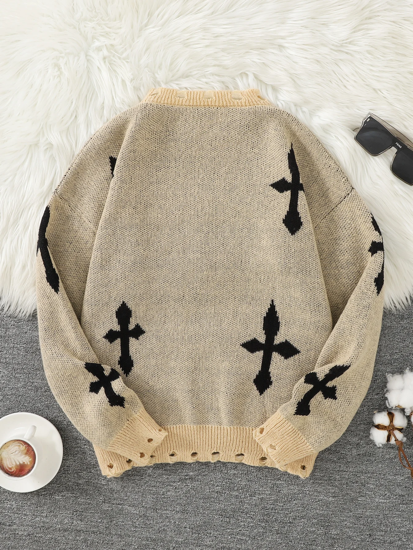 Pullover da uomo alla moda con motivo incrociato strappato stile street, maglione strappato, girocollo casual, lavorato a maglia