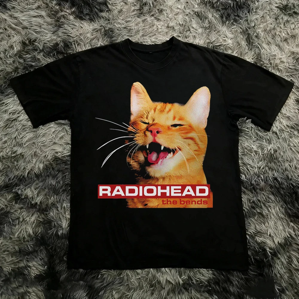 Radiohead The Bend Cat Graphic Print Short Sleeves T-shirt Men Women Summer 90s Retro Rock Music T-shirt Casual Y2K Streetwear