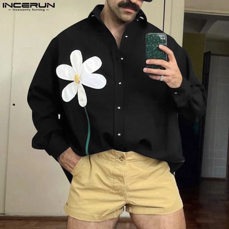 

INCERUN Men Shirt Flower Printing Lapel Long Sleeve Loose Casual Men Clothing Streetwear 2025 Oversize Fashion Male Shirts S-5XL