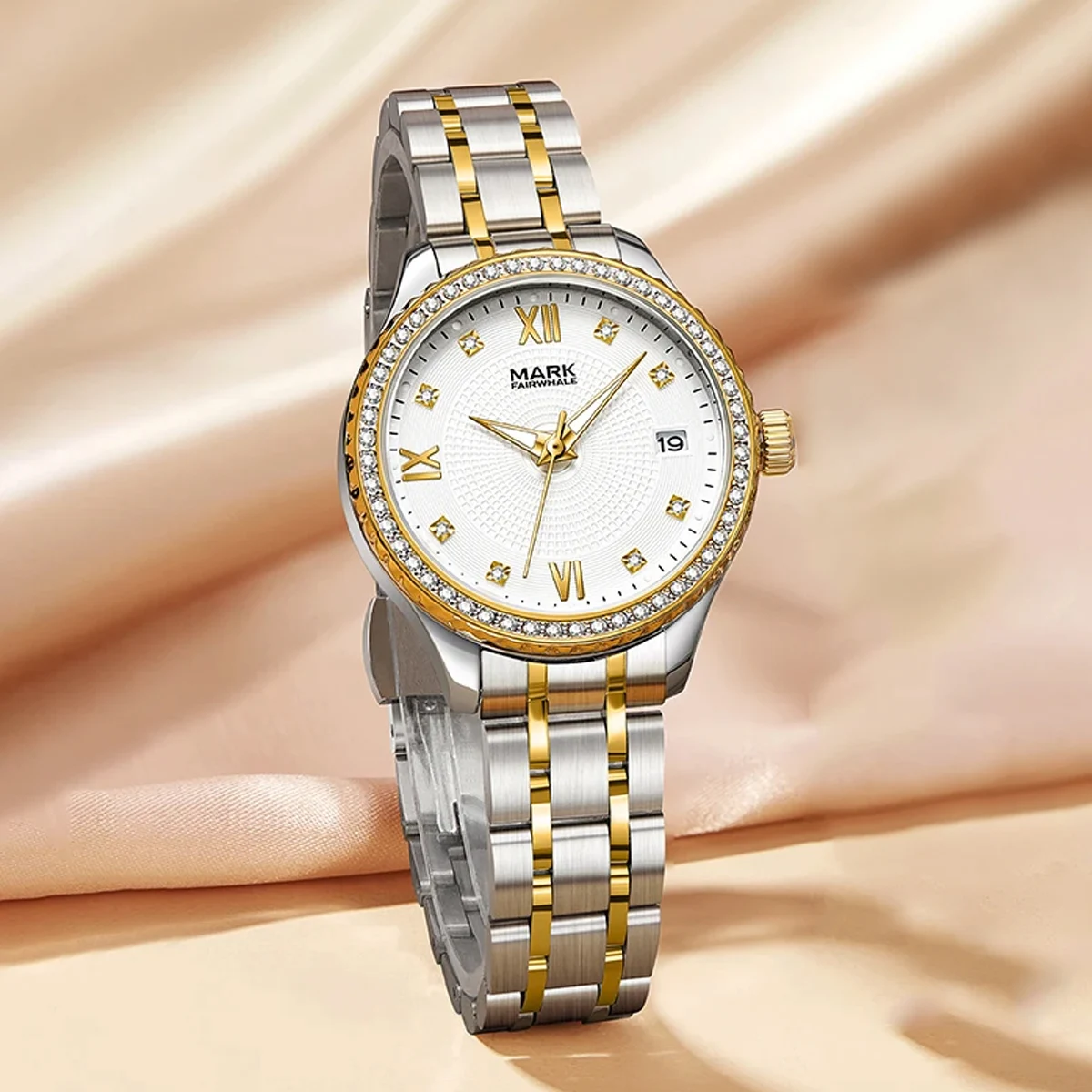 Mark Fairwhale Women's Quartz Movement Watch with Diamond Accents Gold Alloy Case And Stainless Steel Band Fashion Date Dial