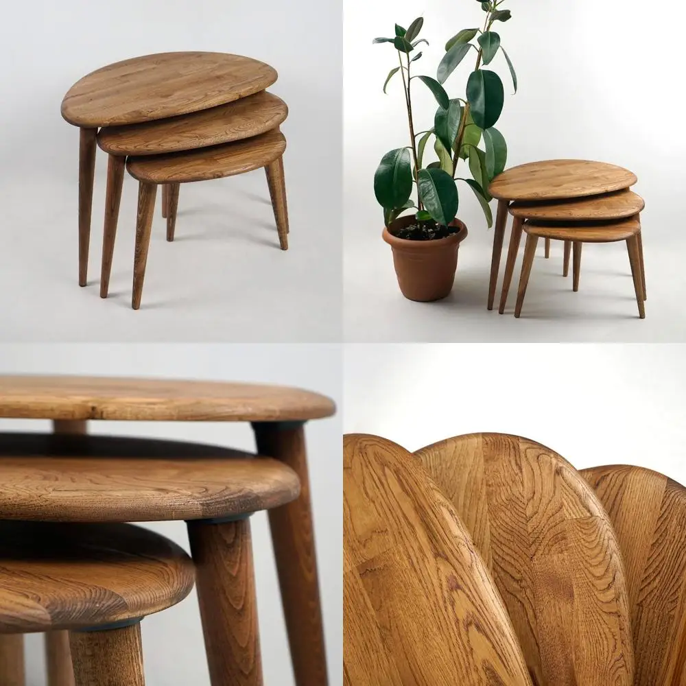 مجموعة طاولات متداخلة خشبية على الطراز القديم لمنتصف القرن مكونة من 3 قطع - لمسة نهائية من الكستناء مع أرجل مدببة