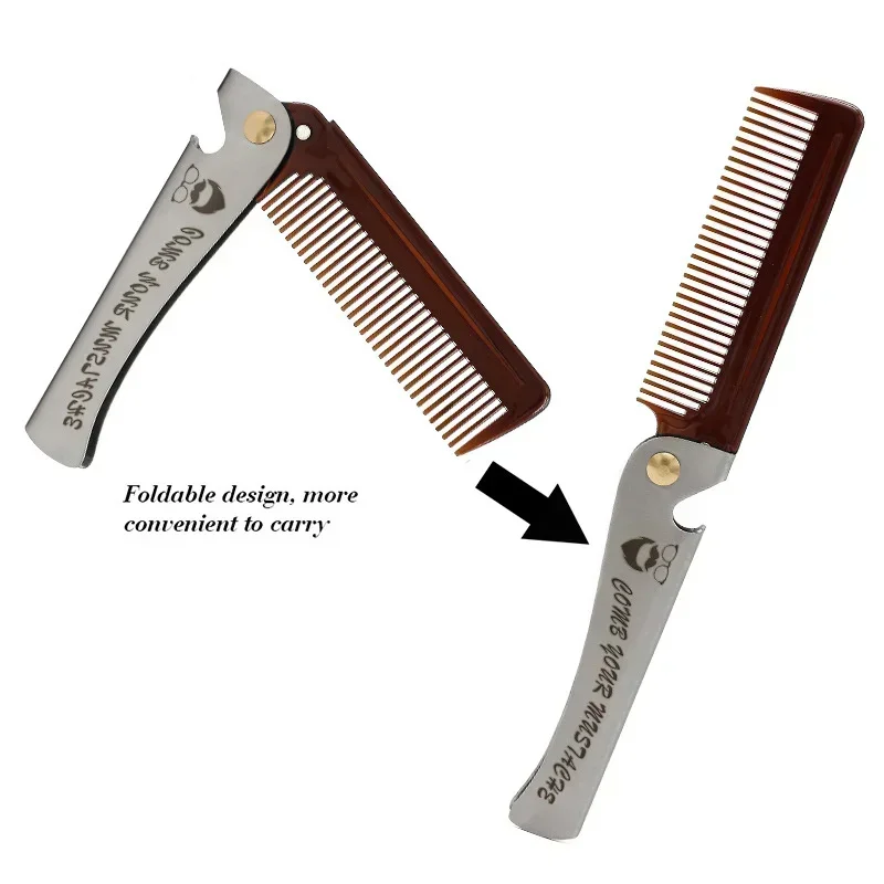 Metal Men Folding Pocket Comb Knife Shape PP Teeth Detangling Hair Beard Facial Comb Handle Foldable Combing Mustache Comb Tool