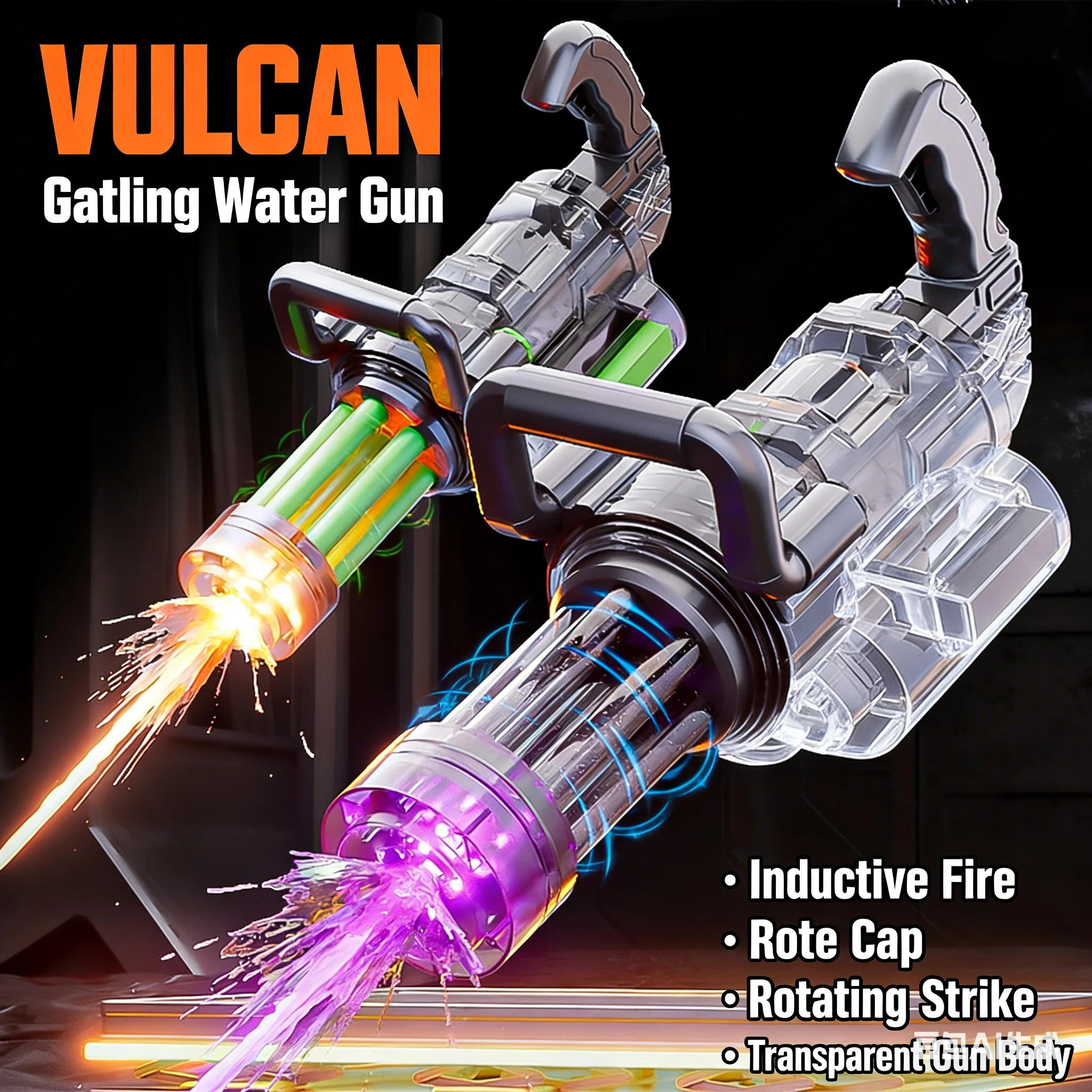 Powerful Rotating Gatling Water Gun With Large Capacity Backpack LED Light Gun Head Rapid Fire Children Outdoor Toys