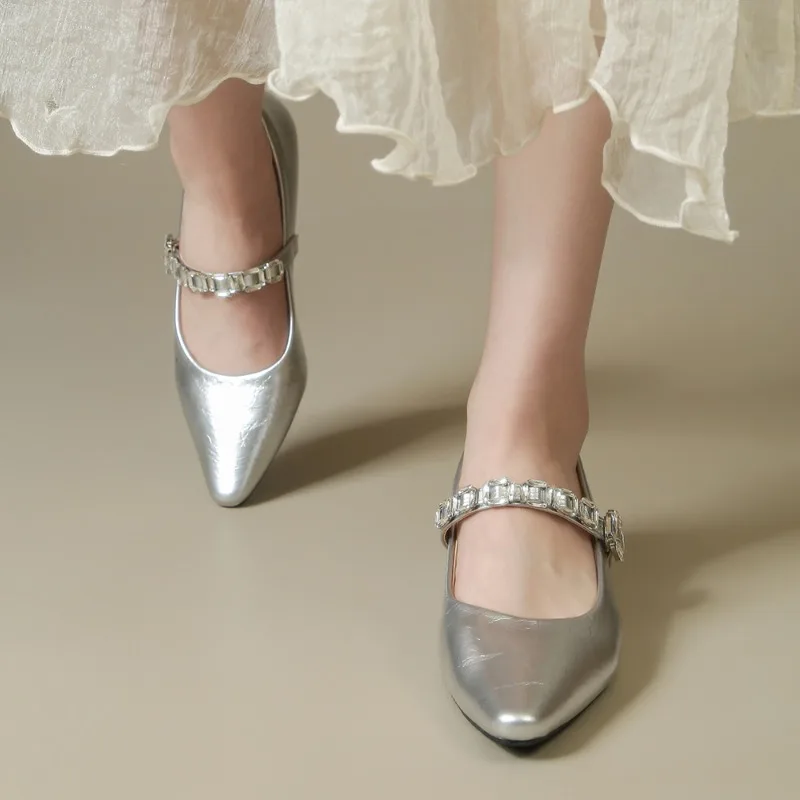 Rhinestone Mary Jane Single Shoes 2026 Spring New One Buckle Pointed Toe Soft Sole Non-slip All-match Women's Shoes