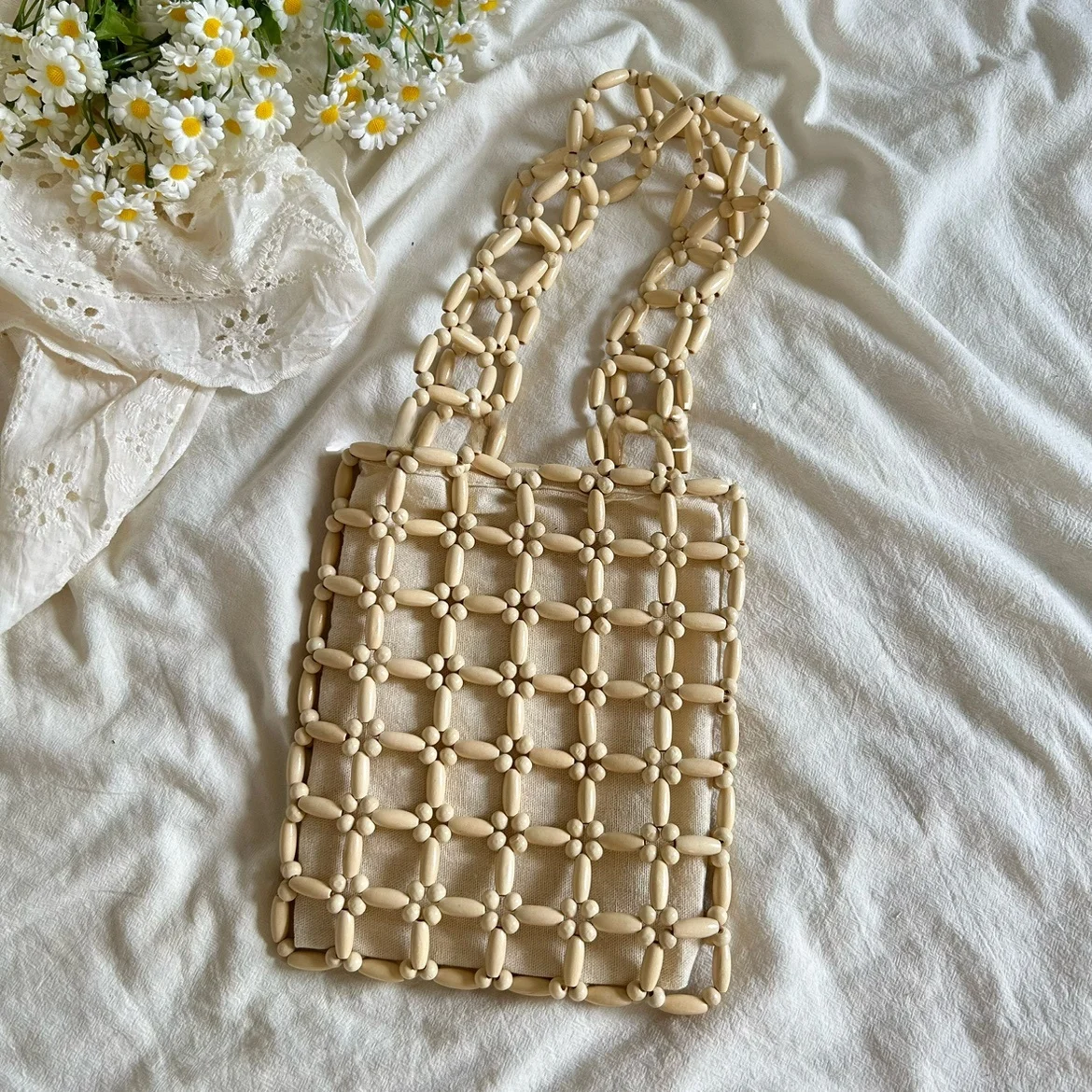 

Деревянная сумка-мешок ручной работы с бусинами, корейская сумка Sle Vaion Ins, сумка из бисера, повседневная сумка Briti Sle, чистый цвет