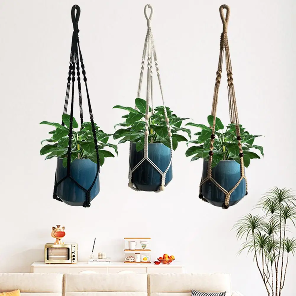 Bohemian Style Plant Hanger 35 Inch Hanging Flower Pot Net Bag Hand Woven Planter Hanger Nordic Style Hemp Rope Wall for Green