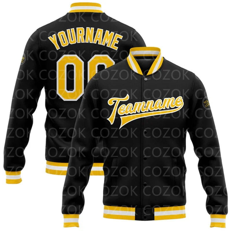 Custom Black Yellow 3D Printed Baseball Button Jacket Bomber Full-Snap Varsity Letterman Jacket