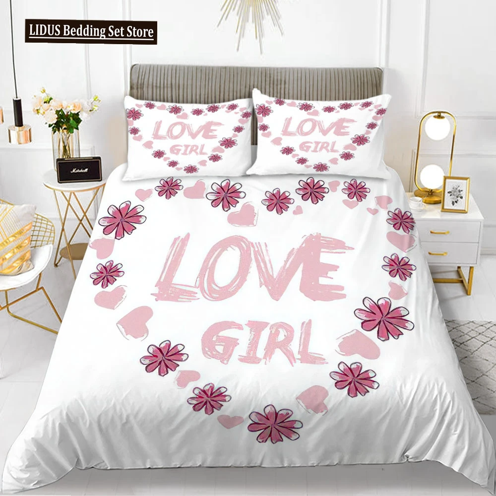 

Love Theme Duvet Cover Set King Queen Size Heart Shape Romantic Letters Pink Flower For Kids Girls Couples Polyester Bedding Set