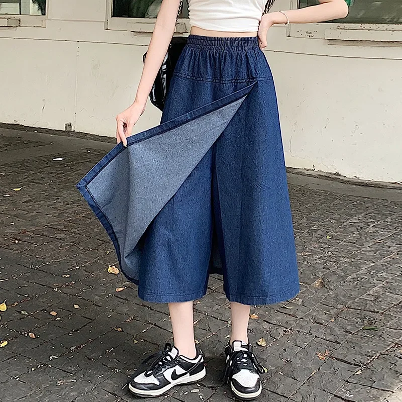 Split Denim Skirts Women Autumn High Waist A-line Hip Half-body Skirt Office Lady Solid Color Casual Versatile Skirts Female