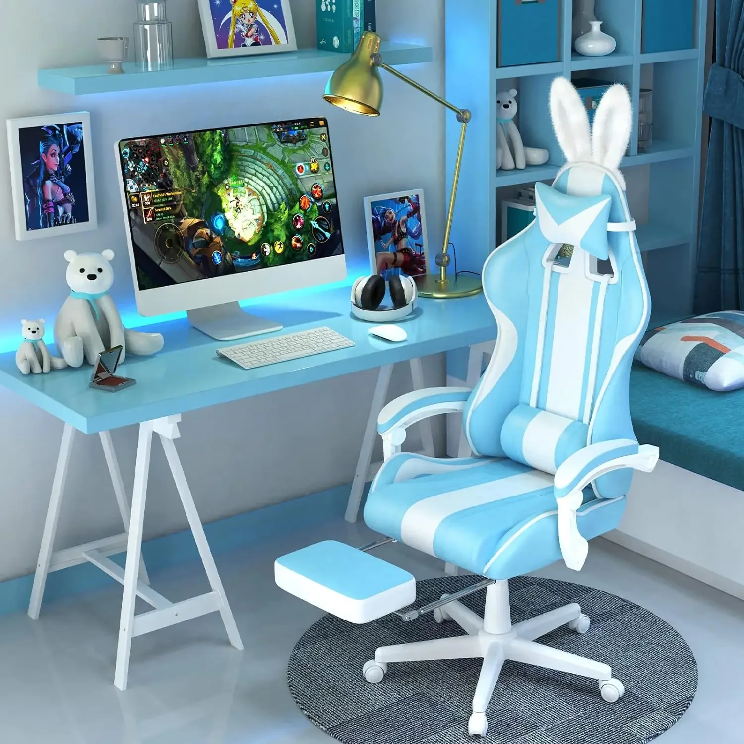 Ferghana Kawaii Silla para juegos azul claro con orejas de conejo, linda silla para jugadores ergonómica con reposapiés y masaje, reclinable de carreras