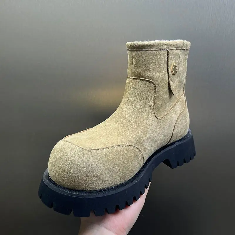 

Thick Bottom Boots Men's Winter Warm Casual Slip-On Snow Boots Trendy round Toe Fleece Lined Low Heel Short Booties