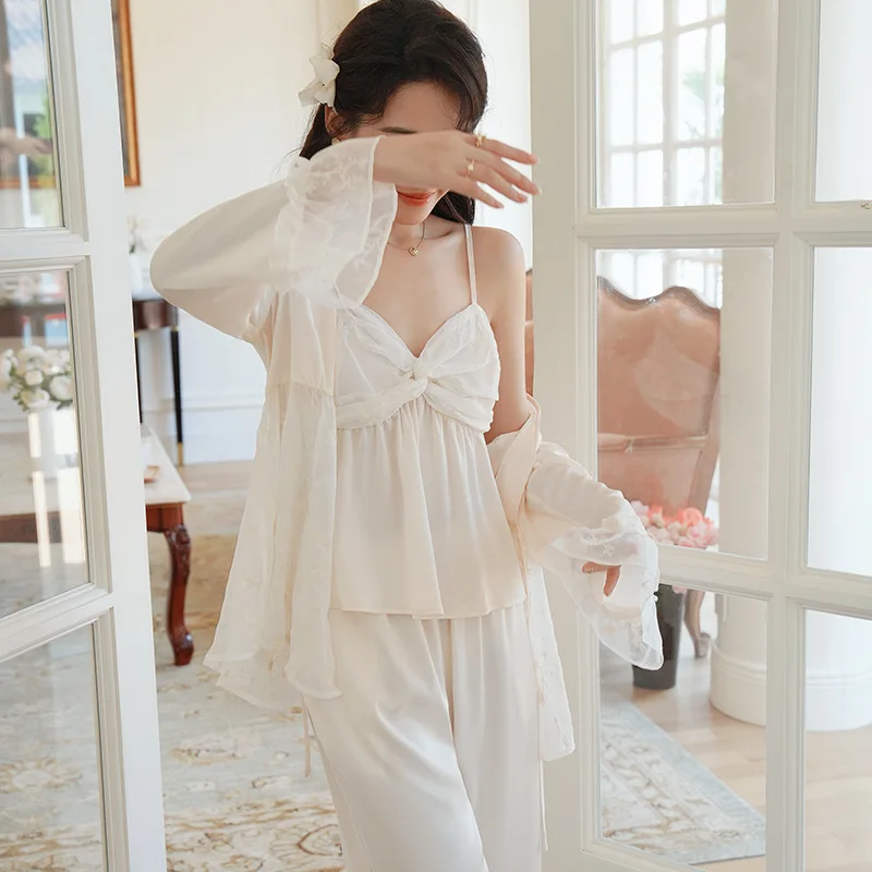 Pajamas Suit Ladies Sleepwear Spring Simple Leisure Pyjamas 3pcs Long sleeve Robe camisole Pajamas INS Fashion Women