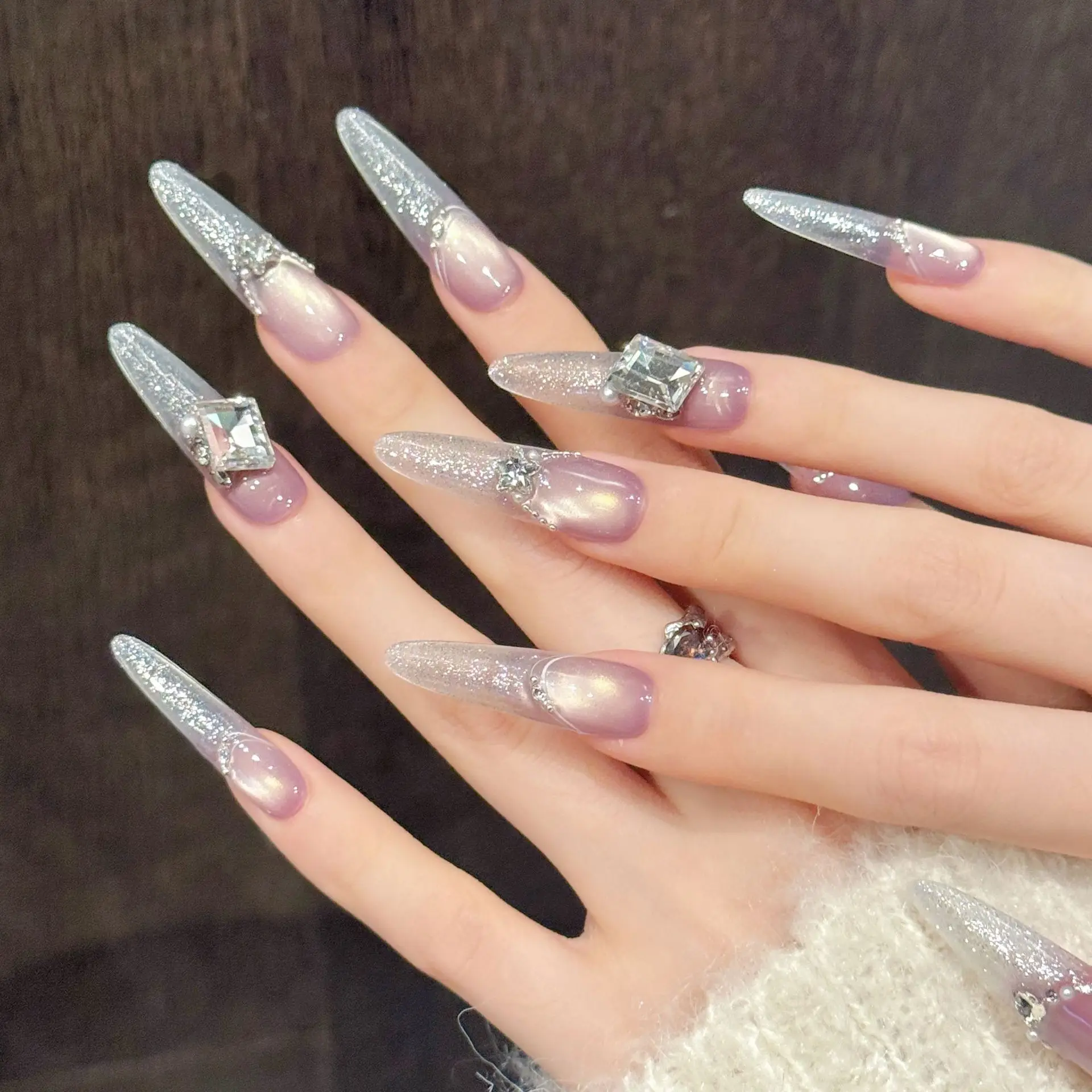 YH001-34 Handmade Press on Nail 10pcs Sparkling Ice Penetrating Grape Purple Cat Eyes Gradual Fine Glitter fake nail patch