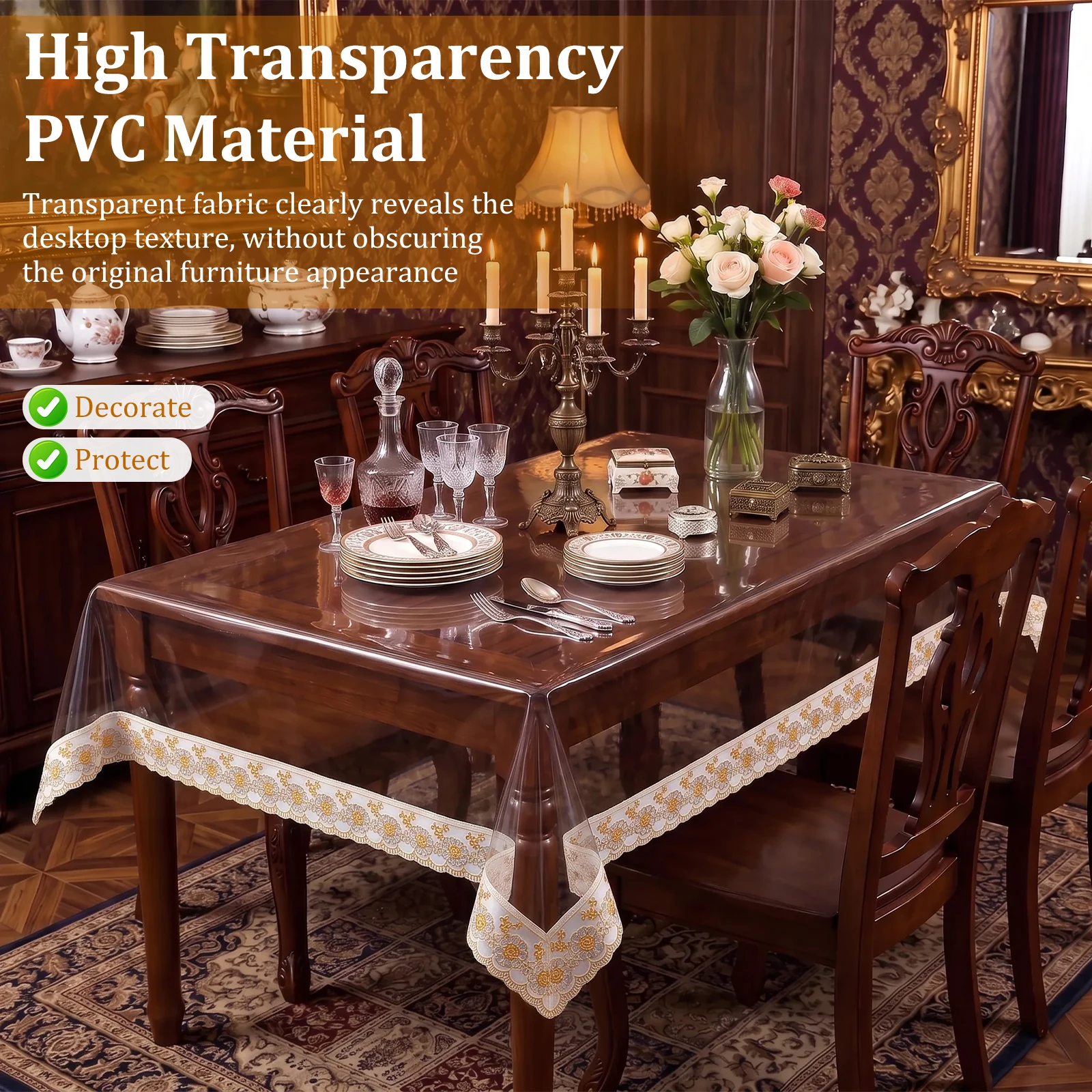 Clear Tablecloth Protector PVC Waterproof Oilproof Table Cloth with Elegant Lace Trim Rectangle Decorative Dining Table Cloth