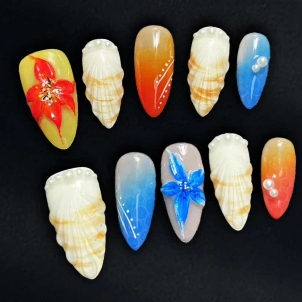 10 pezzi rosa sfumato di media lunghezza mandorla unghie finte fiore estivo strass design unghie fatte a mano punta riutilizzabile stampa sulle unghie finte