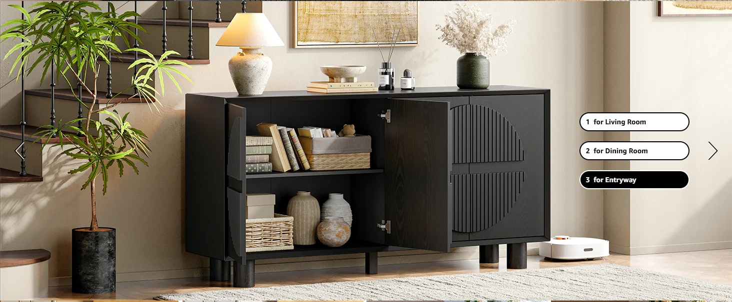 ONBRILL 63 Inch (160cm) Modern Fluted Buffet Cabinet - Storage Sideboard w/Push-Spring Doors, Entryway Dresser, Black