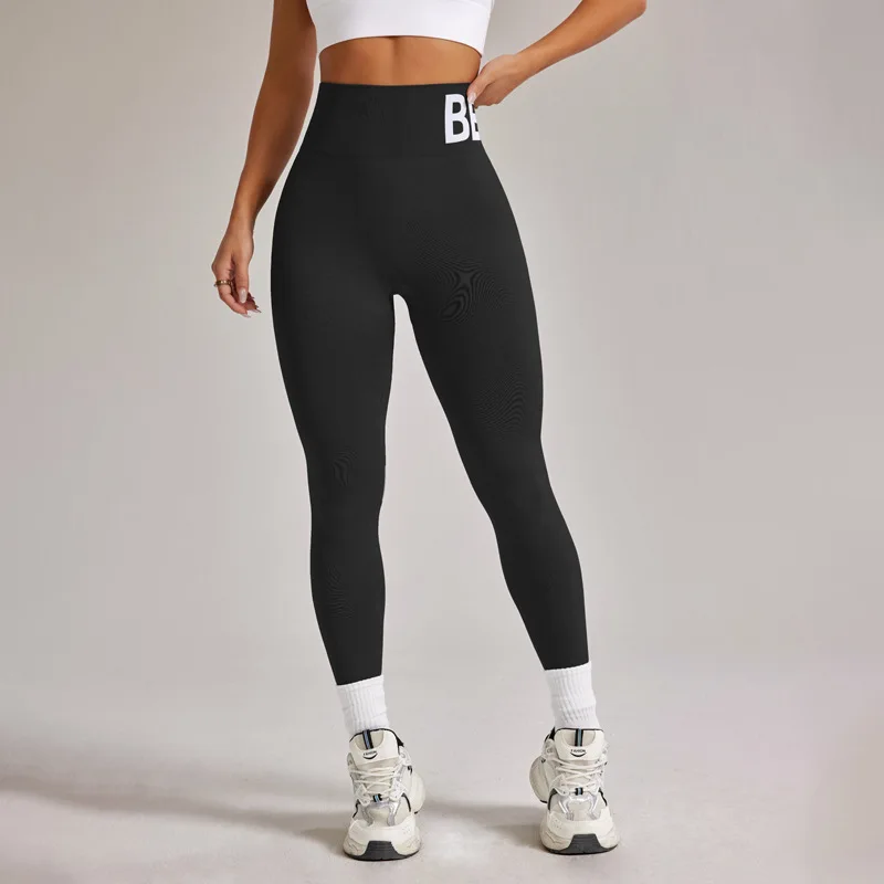 European and American Seamless Yoga Leggings with Waistband Lettering, Butt-Lifting, Quick-Dry Women's Breathable Tights for Pea