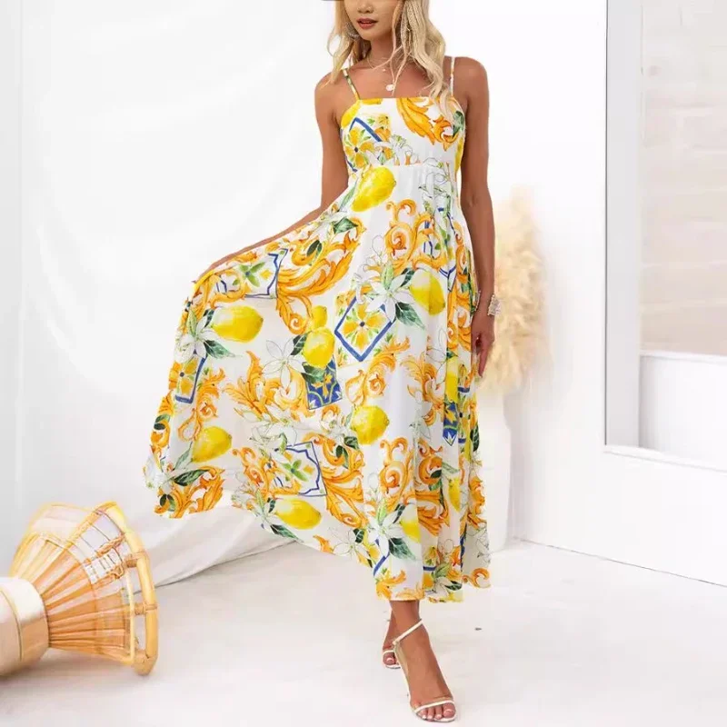 

Women's Elegant Print Midi Skirt Sleeeves Suspender Backless High-waist Casual Streetwear Y2K Dress 2024 Temperament Commuter