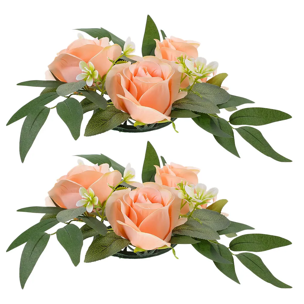 

2Pcs Artificial Flower Candle Ring Plastic Cloth Wreath Shaped Candlestick Wedding Party Home Decoration Rose Floral Wreath