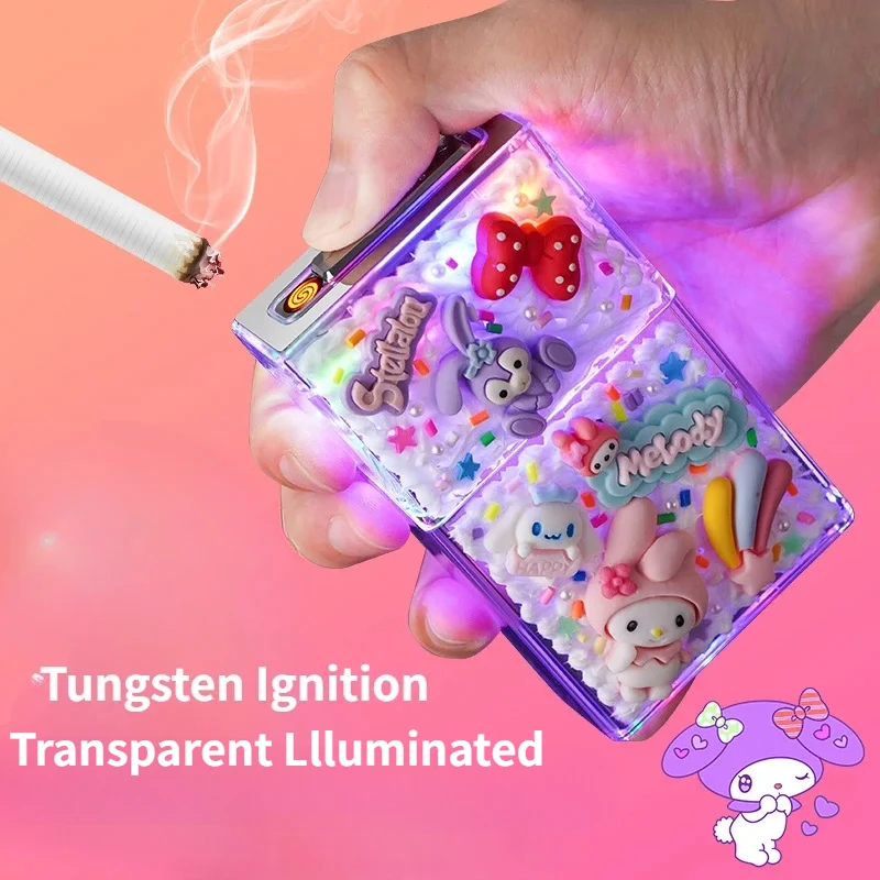 Tungsten Ignition Transparent Illuminated Cigarette Case USB Charging DIY Cartoon Pattern 20pcs Smoking Accessories Men\'s Gifts