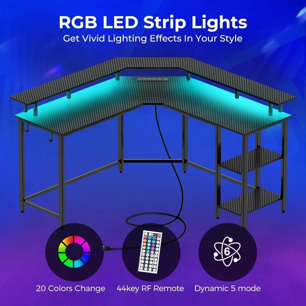 Shaped Gaming Desk with LED Lights & Power Outlets, Desk with Full Monitor Stand & Storage Shelf