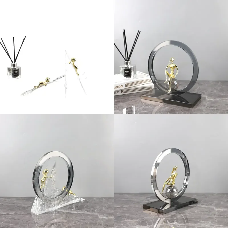 Modern Simple Geometric Crystal Ring Metal Statuette Sculpture Ornament for Living Room Bedroom Entrance Home Decoration