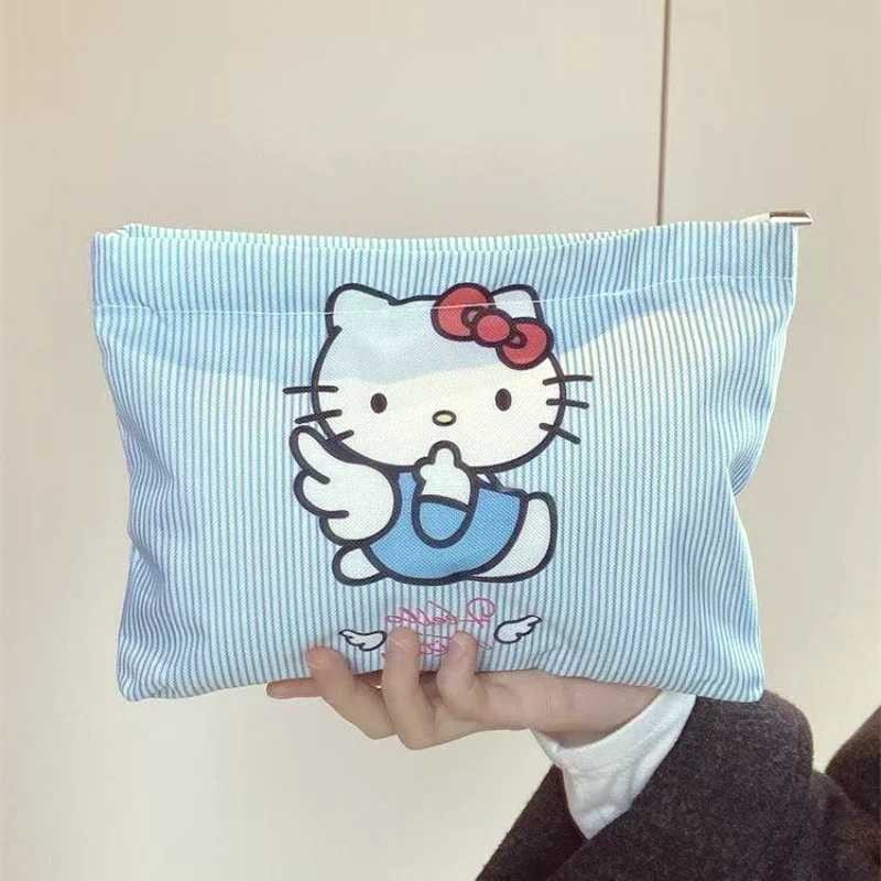 

Sanrio Hello Kitty, милая косметичка в синие полоски, дорожная сумка для хранения, большая вместительная сумка на молнии, подарок для девчачьей девушки