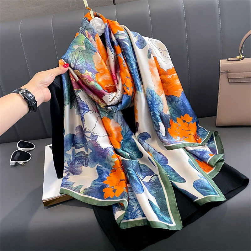 Bufanda de seda con diseño de lujo para mujer, chal de playa con estampado, Foulard liso, Hijab femenino, 180x90cm