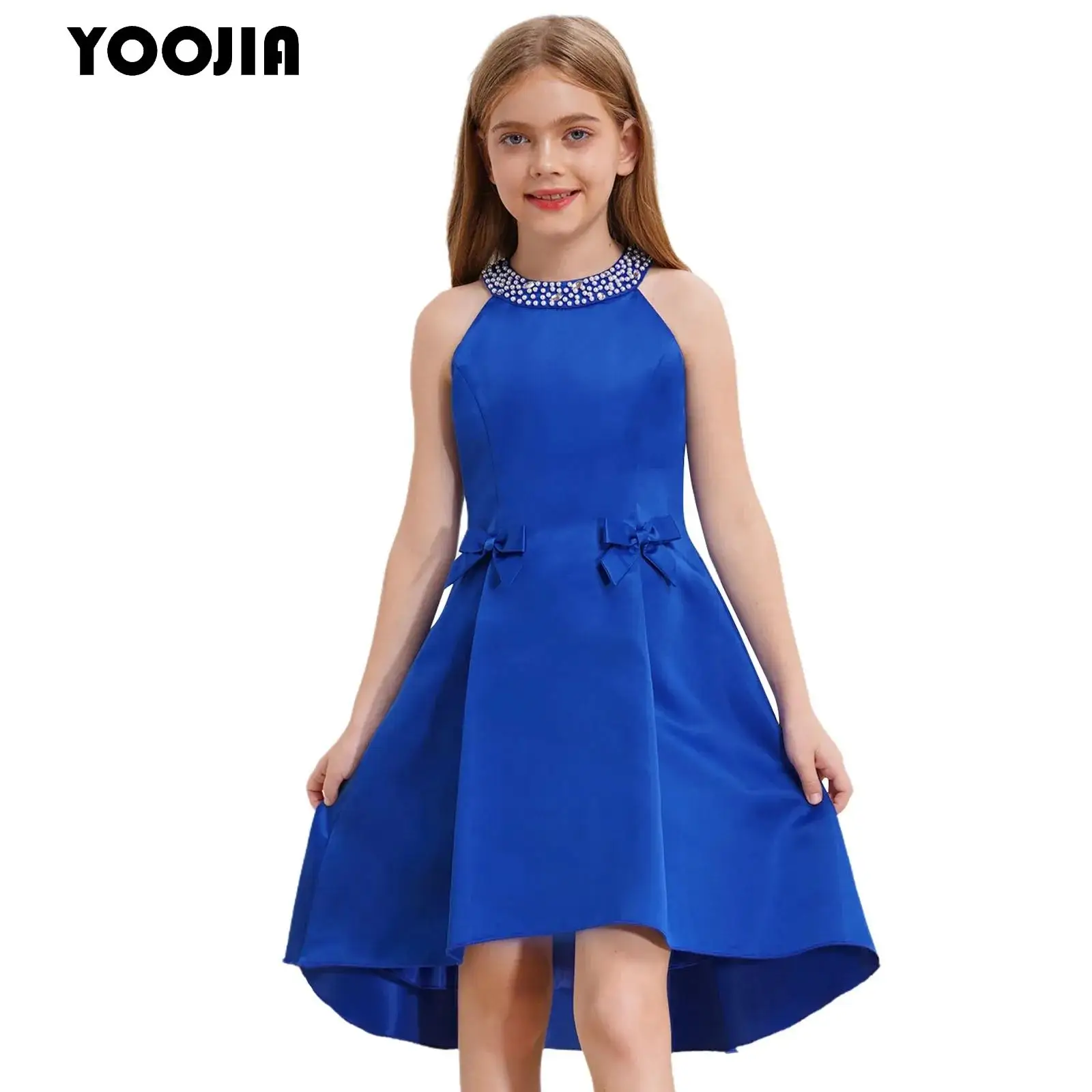 

Kids Flower Girls Dress Elegant Satin Junior Bridesmaid Dress Sleeveless Shiny Beaded Bowknot Decor A-Line Pageant Prom Dresses