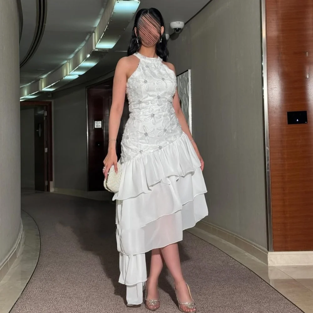 

Customized Elegant Classic Rhinestone Tiered Straight High Collar Tea Length Dresses Bespoke Occasion Dresses Matching Fashion