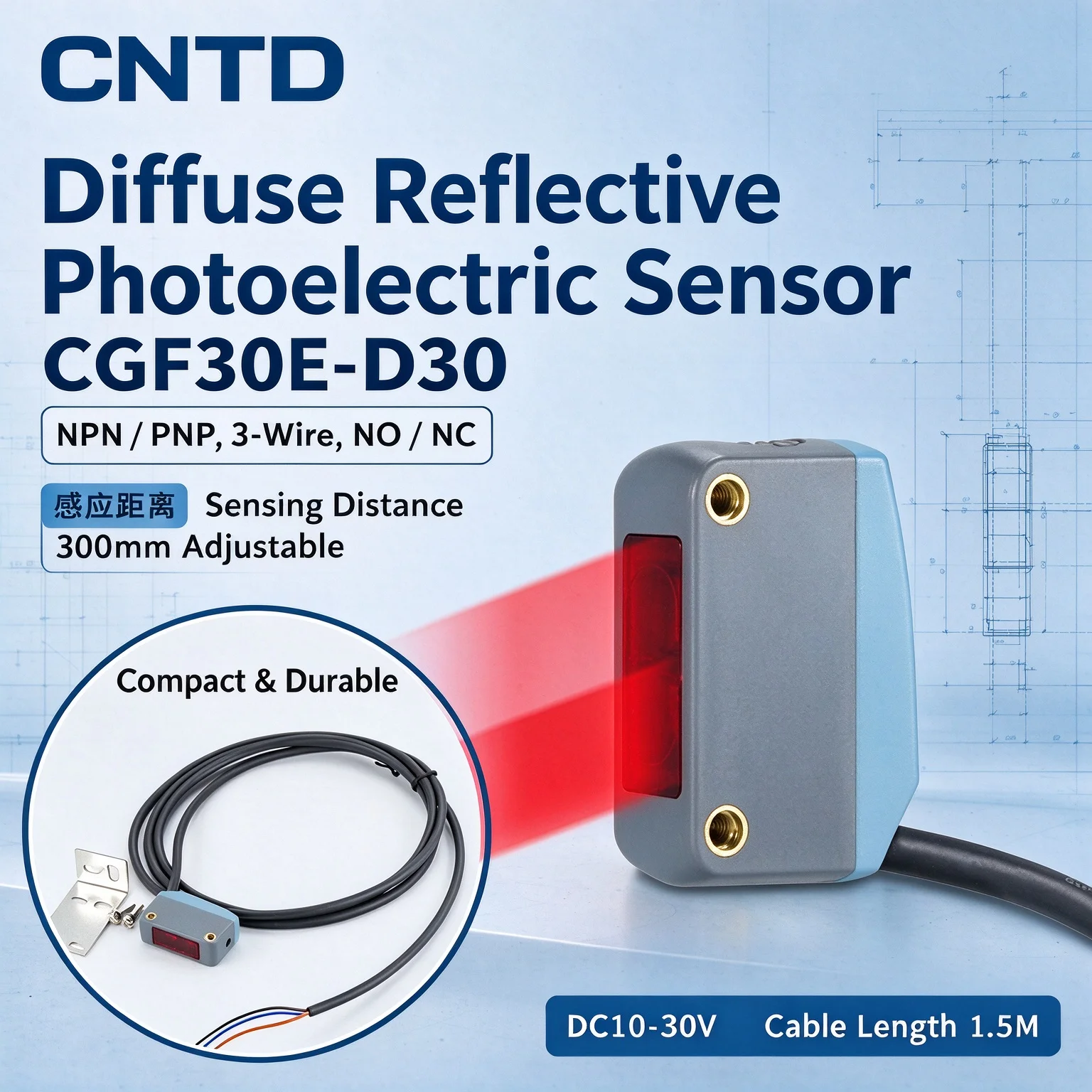 CNTD CGF30E-D30NA Square Diffuse Photoelectric Switch, 5 Wire NPN PNP Sensor come with mounting bracket Sensing Distance 10-30cm