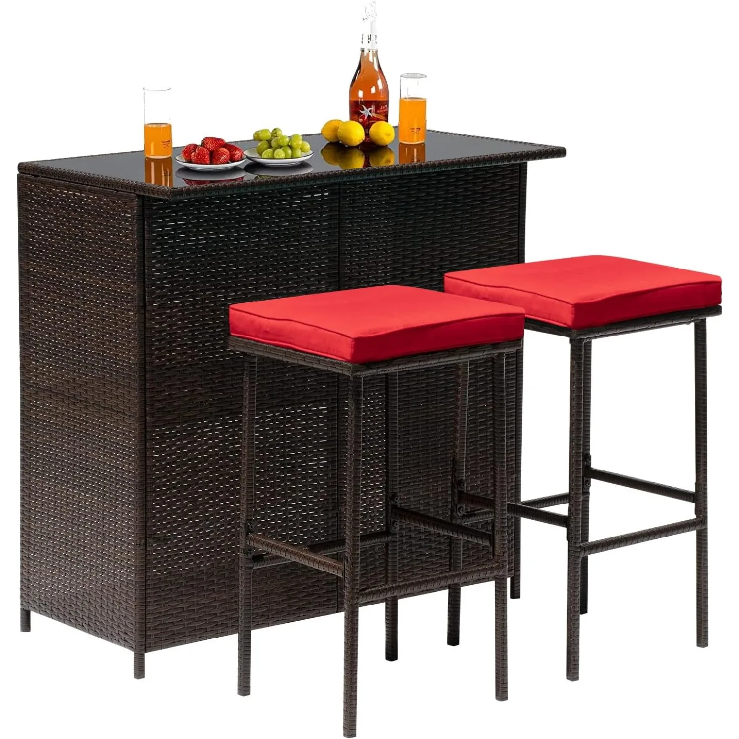 Outdoor Furniture Set Wicker Bistro Set 3PCS Patio Bar Set with Two Stools for Patio Backyard Balcony,Red Cushion