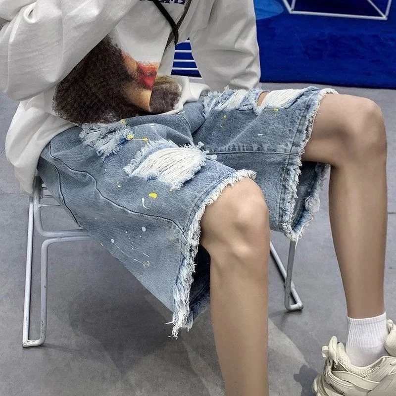 

Loose Wide Ripped Bermuda Big Size with Pockets Half Long Baggy Oversize Short Jeans Pants for Men Man Denim Shorts Popular Emo